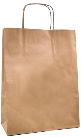 RAYLU PAPER® -Pack de 25 Bolsas de papel Kraft de colores con asas resistentes, bolsas de papel 100% reciclables para la compra, chuches o regalos. Color Marrón Kraft, Grandes (35x14x44 cm)