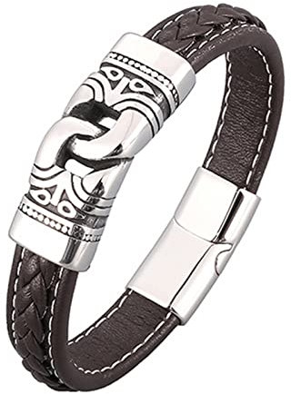 KnSam Lederarmbänder für Herren, Herren Armband Leder Klassiker Bettelarmband Edelstahl Handhandgelenk Kette Silber mit Magnet Verschluss, Länge 18.5CM Pärchen Geschenk