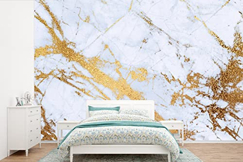 Selbstklebend Tapete Wandpapier Wandaufkleber Fototapete Tapeten Wanddeko 450x300 cm Marmor - Gold - Weiß - Luxe - Marmoroptik - Glitzer