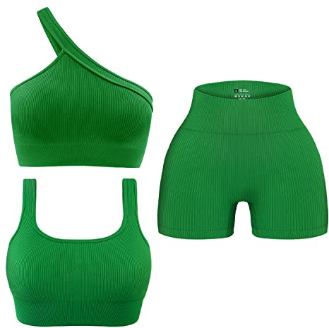 OLCHEE Womens 3 Piece Workout Sets - Seamless Ribbed Yoga Outfits Sports Bra One Shoulder Top and Biker Shorts - Green Medium