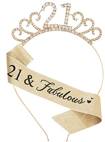 MIOSJI 21st Birthday Sash and Crystal Tiara Crown for Girl 21st Birthday Gifts for Her Party Decorations Accessories Gold
