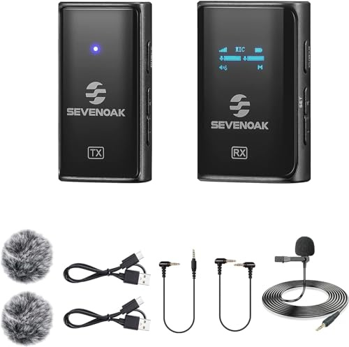SevenOak Drahtloses Lavalier Mikrofon System, mit OLED, Stereo/Mono, Rauschunterdrückung, Ansteckmikrofon mit für Kamera Telefon iPhone Video Aufnahme Interview Vlog Live Stream SKM-W4 K1 (1 TX+1 RX)