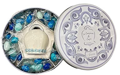 SHARON White / Sky runde Blechdose mit hellblauen Rosen Porzellanglocke, made in Italy Zuckermandelhalter Hochzeitsbevorzugungsidee 19 cm und Mischung aus farbigen Zuckermandeln 250 gr