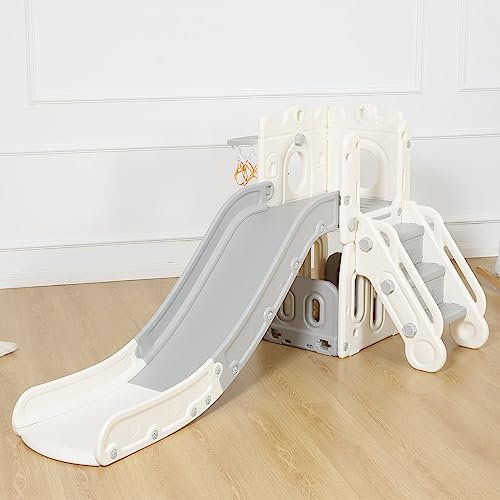 Baby Vivo Kinder Rutsche Kinder Rutsche Gartenrutsche Kleinkinderrutsche mit Basketballkorb und Ball Kunststoff Schloss abgerundete Ecken & Kanten für Indoor & Outdoor in Grau/Beige
