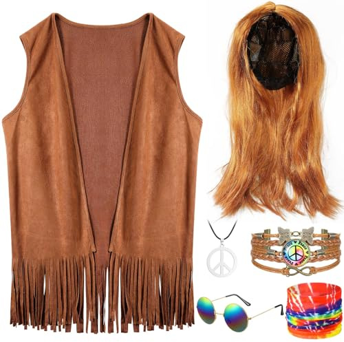 Hestya 60er 70er Hippie Kostüm Set für Herren Wildleder Stoff Hippie Fransenweste Stirnband Perücke Sonnenbrille Friedenszeichen Halskette Armband für Männer Halloween Cosplay
