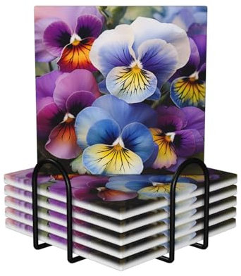 Stiefmütterchen Perfection Druck-Untersetzer für Getränke, Set mit 6 saugfähigen Keramik-Untersetzern mit Korkboden und Metallhalter, für Heimdekoration, Küche, Geschenk