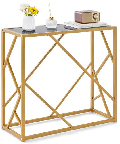 LIFEZEAL Konsolentisch Gold, Flurtisch 80 cm mit Metallgestell, Schmaler Sideboard Beistelltisch mit Tischplatte aus gehärtetem Glas, Wohnzimmertisch für Wohnzimmer, Eingang, Flur