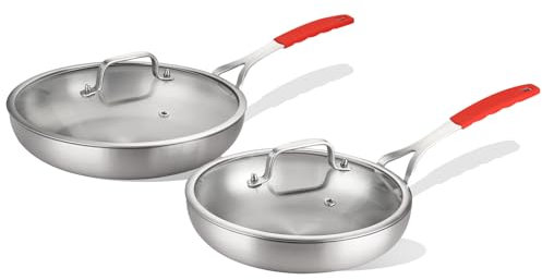 DELARLO Dreilagiges Edelstahl-Bratpfannen-Set mit Deckel, 20,3 cm, 25,4 cm, Induktionspfannen, Kochtöpfe und Pfannen, Set für Küche, Kochgeschirr, Bratpfannen-Set, spülmaschinen- und ofenfest