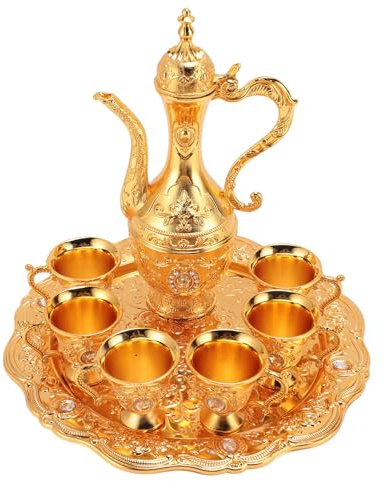 RXMORI Weinglas-Krug-Set aus Metall, Weinglas-Topf-Set aus Legierung, Weinkaraffe und Gläser-Set, Rostfrei, Exquisites Dekoratives Vintage-Kaffeekannen-Set mit Tablett für Party, Hochzeit(Gold)