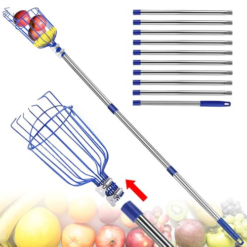 13-Foot Fruit Picker Pole Tool Adjustable Length with Detachable Metal Basket Lightweight Stainless Steel Fruit Catcher Extension Pole Fruit Picker with Protective Foam Pad for Apple Mango Lemon(Blue)