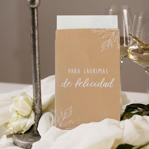 Spanisch Papiertüten Para Lágrimas de Felicidad Hochzeit Mini Tüten Für die Freudentränen Verpackung Deko für Taschentücher Gastgeschenke Hochzeitsdeko (Braun)