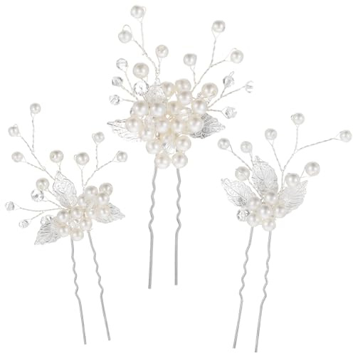 3 Stück Braut Haarschmuck Silber Perlen Bride Wedding Hair Pins Kopfschmuck Hochzeit Haarspangen Blätter Braut Tiara Blume Haarschmuck Hair Clips für Bräute Brautjungfern