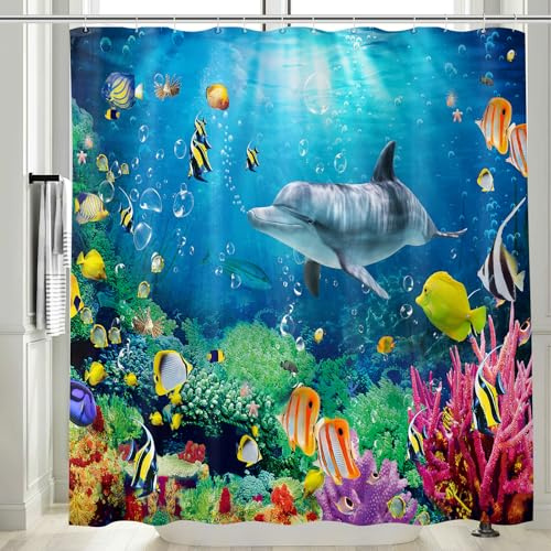 Vgzsyomqib Delphin Meer Duschvorhang 240x200 Extra Breit Anti Schimmel Wasserdicht für Badewanne Stoff Shower Curtains 3D Delfin Fische Bunt Unterwasserwelt Motiv Duschvorhänge Waschbar Textil