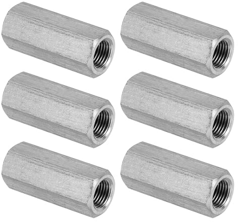 PATIKIL 6 Stück M10 x 35 mm Sechskant-Kupplungsmuttern Silberton | Feingewinde Sechskant Hülsenmutter Verbindungsmutter Gewindehülse, 304 Edelstahl