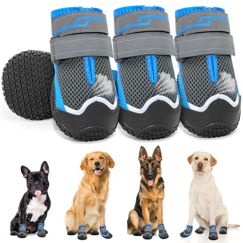 Weesiber Hundeschuhe Pfotenschutz, 4 Stück atmungsaktive Hunde Schuhe mit Rutschfester Sohle und reflektierendem Klettverschluss, Outdoor rutschfeste Hundestiefel für kleine Hunde (Grau, Größe 1)