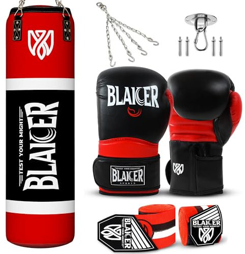 BLAICER Saco Boxeo Adulto sin Relleno Equipado con Guantes Boxeo, Vendas Protectoras, Cadena Giratoria y Soporte para Colgar – Completo Kit para Boxear en Casa