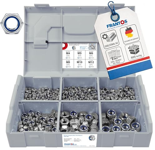 FRANTOS L-BOXX Mini DIN 985 Sicherungsmuttern Sortiment, M4 bis M12 605 tlg. Edelstahl A2 - Selbstsicherende Sechskant Muttern Stoppmuttern Set