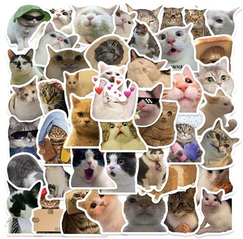 CYXZMYA 50 StüCk Katzensticker, Katzen Meme Sticker, Cartoon Katzen Sticker, Multicolor, Vinyl, Für Katzenliebhaber, Koffer, Laptop, Helm, Auto, Kühlschrank, Kunststoff, Metall, Holz, Glas