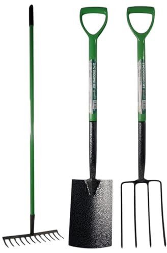 HomeVibe 3PC Garden Tool Set – Heavy Duty Spade, Fork & Rake – Rust-Resistant Carbon Steel, Ergonomic Handles for Digging, Planting & Landscaping – Essential Gardening Tools for Soil & Lawn Care