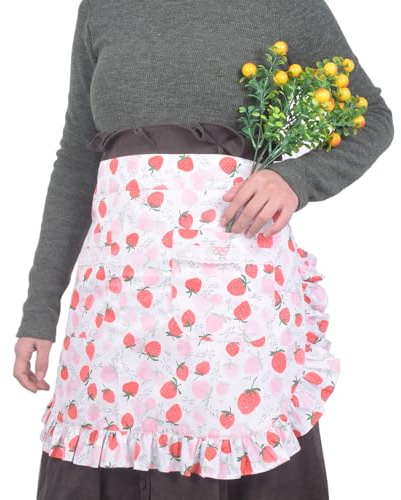 Love Potato Vintage Floral Half Apron with Pockets, Cotton Waist Apron for Women, 65 x 43 cm, Kitchen Cooking Baking (PinkStrawberry)