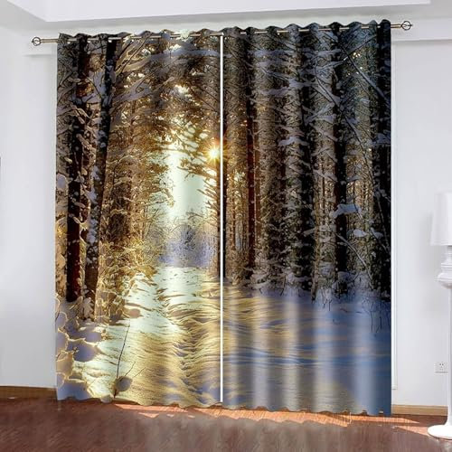 Mesnt Thermovorhang Hitzeschutz, 214x183cm Graubraun Sonnenaufgang Schnee Wald Landschaft Vorhang für Wohnzimmer