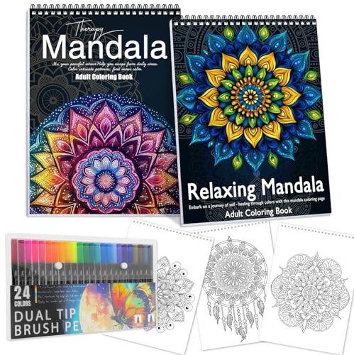 Mandala-Malbuch für Frauen, Entspannung, 48 Muster, Spiralbindung, Achtsamkeitsmalbuch für Erwachsene, mit 24 Doppelspitzen-Markern, inspirierendes Geschenk für Damen und Herren, Malbuch-Set für