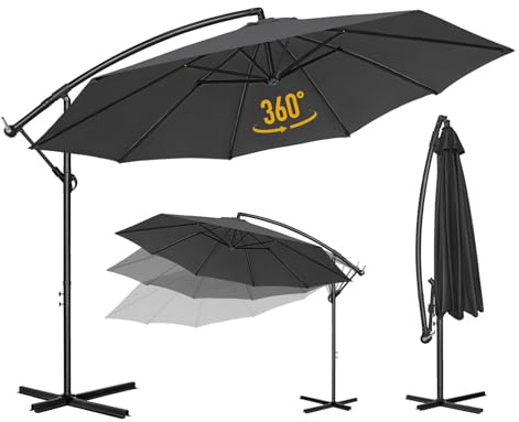 3M Sonnenschirm，Alu Ampelschirm mit Kurbel,Ständer,Wasserdichter,UV-Schutz,360° Drehbar,Gartenschirm,Marktschirm,Kurbelschirm,Freiarmschirm,Sonnenschutz für Garten,Terrasse,Pool,Balkon，Anthrazit