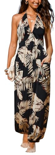CUPSHE Dam Plunge grimma ärmlös veckad lång sparkdräkt stickad joggingbyxor maxi overall med fickor, Svart tropisk, Large