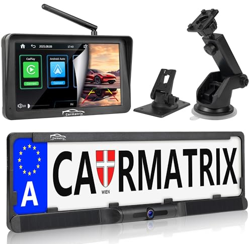 HD Solar Rückfahrkamera 7 Display, Rückfahrsystem mit Apple CarPlay, Android Auto zum Nachrüsten im Kennzeichenhalter für Wohnmobil und Wohnwagen,WLAN, Bluetooth, GoogleMaps für EU und Österreich