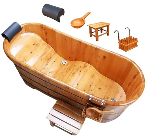 Qcesorib Baignoire Autoportante en Bois Massif, Baignoire Orientale de Trempage Profonde, Baignoire en Bois avec Appui-Tête, Tabouret, Panier Suspendu, pour Maison, Hôtel, Centre de Spa