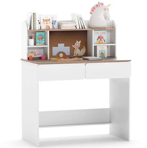 RELAX4LIFE Mesa Infantil con Estación de Carga, 2 Estantes, Bandejas Ajustables y Tablero de Corcho, 2 Cajones, Escritorio Infantil para Niños de 8-12 Años