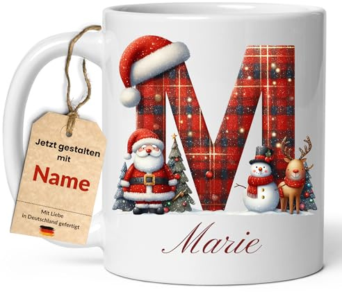 Personalisierte Weihnachstasse mit Namen für Kinder & Erwachsene - 330ml- Spülmaschinenfest- Geschenk Tasse Kollegen personalisiert Namensbecher Weihnachtsgeschenke Keramik Tasse
