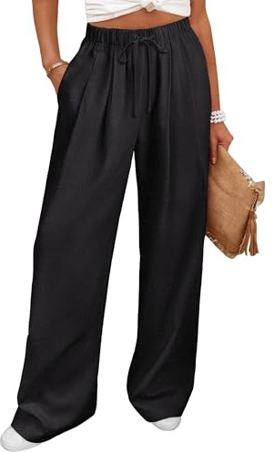 ANRABESS Women Wide Leg Linen Palazzo Pants Casual Elastic Waist Drawstring Flowy Loose Beach Travel Trousers with Pockets Black Medium