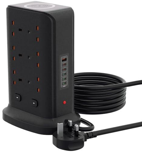 Tower Extension Lead with Wireless Charger, BOCHLION Extension Tower 5 USB C & 1 USB A Power Socket With Night Light, 12 Way Plug Extension Socket Surge Protector, Extension Cable 1.5M-Black