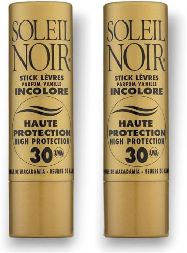 Soleil Noir - Stick Lèvres Incolore, Goût Vanille - SPF 30, Haute Protection Solaire - Nourrit, Hydrate, Protège - Huile de Macadamia, Beurre de Karité - Fabrication Française - 4g (Lot de 2)