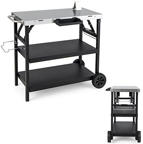 Carrello da portata pieghevole per barbecue, carrello a 3 livelli con ripiano regolabile portaspezie porta telefono, in acciaio inox, tavolo per la preparazione del forno per pizza, ideale per