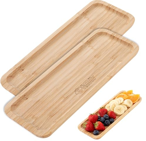 Family Pack 2 Bandeja de Bambú Rectangular 36×15 cm, Ideal para Servir, Cocina y Decoración, Fuende de Bambú para Comedor, Restaurante y Hostelería