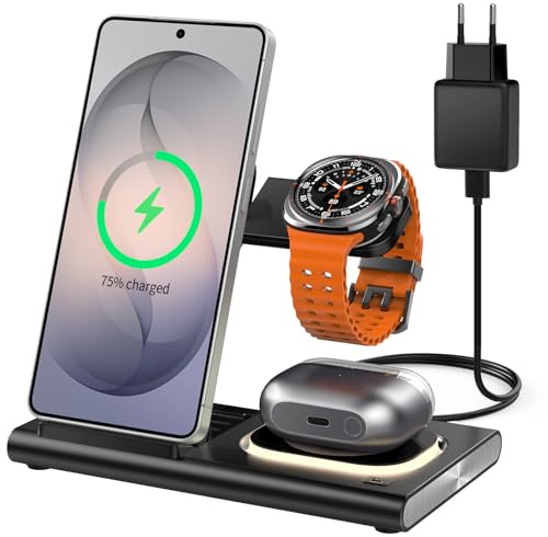 3 in 1 Ladestation für Samsung Induktive Ladestation [Faltbar & Nachtlicht] | Wireless Charger für Samsung S26 Ultra-S10/Z Fold Flip8, Reiseladegerät für Galaxy Watch 8-3/Buds 4,（Not für Watch 9/Ultra2）