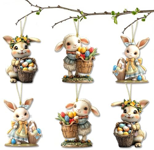 LIZANQU 6 Stück Osteranhänger Hase Osterdeko, Osterschmuck zum Aufhängen, 2D Acryl Hase Anhänger Osterdekoration, für Ostern Deko Fenster und Türdeko Ostergeschenk (C)