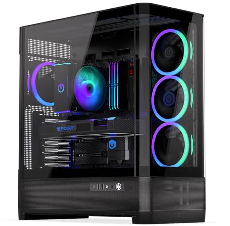 ENDORFY Aquarius 8000 Corona, PC Gehäuse ATX/E-ATX mit 4 ARGB Lüftern, Panorama Tempered Glass, USB-C, 420 mm Radiator Support, bis 10 Lüfter, GPU bis 450 mm, Back-Connect kompatibel, Fishtank,Schwarz