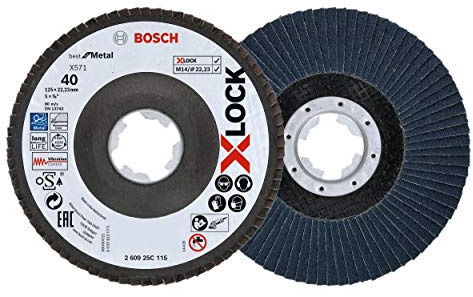 Bosch Professional 260925C115 Disco de láminas X-LOCK, diámetro 125 mm, grano K40, diámetro de orificio diámetro 22,23 mm, acodado, accesorio de amoladora angular, Na, 40