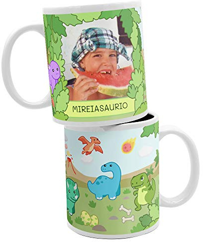Haberdashery Online Tasse céramique Dinosaures personnalisée avec photo et texte. Cadeau original personnalisé. Mug de petit déjeuner 325 ml