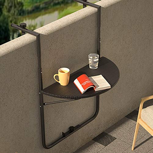 BAKAJI Tavolo Tavolino da Ringhiera per Esterno Balcone Pieghevole Salvaspazio Altezza Regolabile Struttura in Metallo e Piano in Polyrattan xon Portabicchieri Dimensione 60x64cm (Nero)