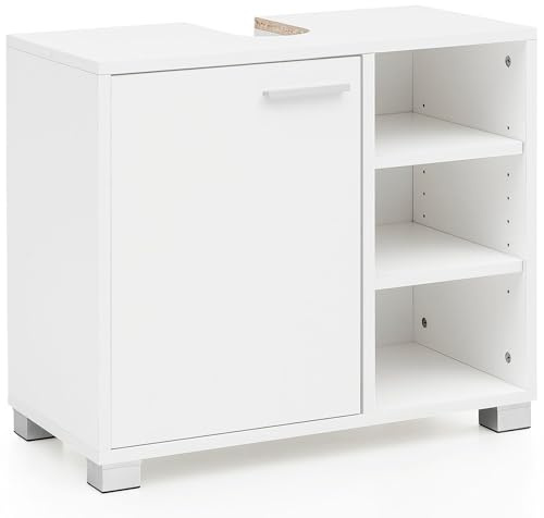 FineBuy Waschbeckenunterschrank 60x32x55 cm Weiß mit Tür und Fächern | Badunterschrank stehend mit Siphonausschnitt für alle gängigen Waschbecken, Badschrank mit Stauraum