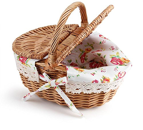 Aigid Cesto da Picnic, Cesto portaoggetti Floreale in Lino con Doppio Coperchio Ovale Cesto portaoggetti da Campeggio per Vacanze Uso Domestico