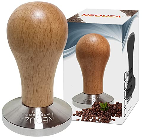 NEOUZA Barista Espressokocher 53 mm mit Holzgriff und flachem Boden aus Edelstahl 304