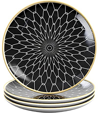 INTIRILIFE 4x piatti in porcellana in Collegato - Nero Bianco con Nero - Diametro 15.3 cm - Piatto da colazione, piatto da dessert, piatto da portata per insalata, frutta, pasta, dessert e snack