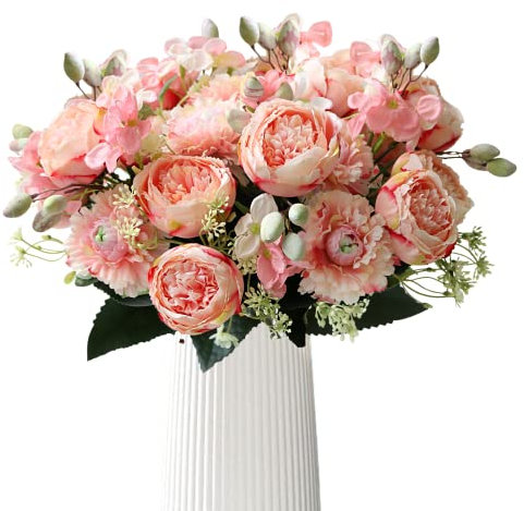 linhaida Artificial Flowers, 2Pcs Pink Fake Peony Vintage Artificial Peony Silk Flowers Bouquets Wedding Decoration Home Table Kitchen Office Garden Bridal Greenery Plants (Pink)