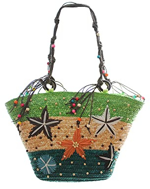 Hixingo Bolso de la Paja Mujeres Bolso Playa Grande Bolso de Hombro Estrella de Mar Patrón Verano Boho Totes de Playa Rafia Tejidas a Mano Para Viajes, Compras y Vacaciones