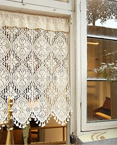 A.Monamour Short Curtain for Small Window Sheer Transparent Beige Cotton Hollow Crochet Lace Chic Bohemian Valance Panel Drapes Half for Kitchen Café Bedroom Cabinet Door Curtain